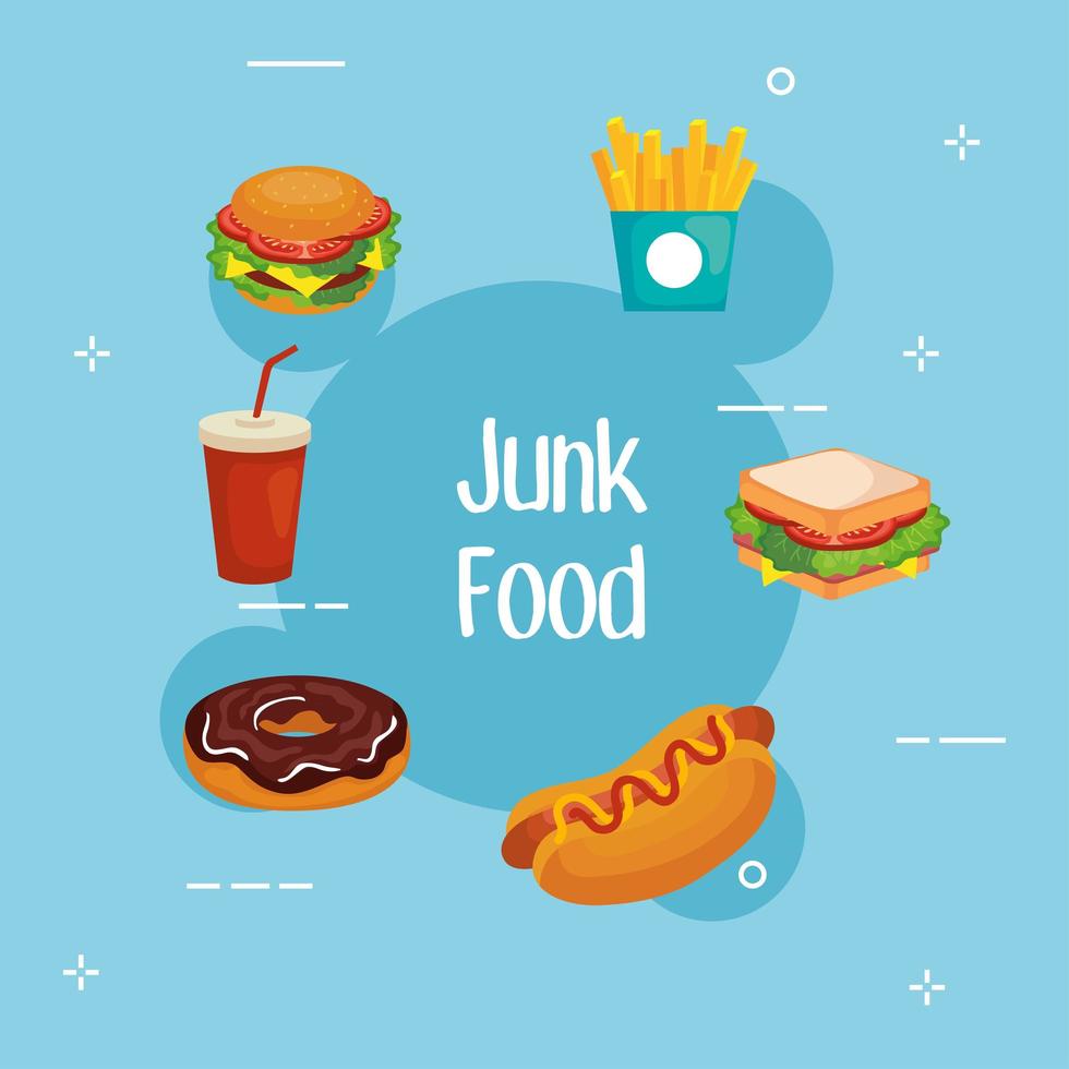 junk food em design de vetor de fundo azul