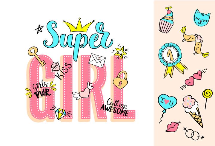 Letras Super Girl com doodles femininos e mão desenhadas frases para design de cartão de dia dos namorados, impressão de t-shirt da menina. Entregue o slogan cômico extravagante tirado do feminismo no estilo dos desenhos animados. vetor