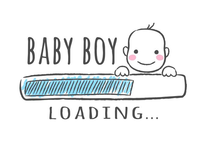 Barra de progresso com inscrição - menino é carregamento e garoto cara no estilo esboçado. Ilustração vetorial para design de t-shirt, cartaz, cartão, decoração de chá de bebê vetor