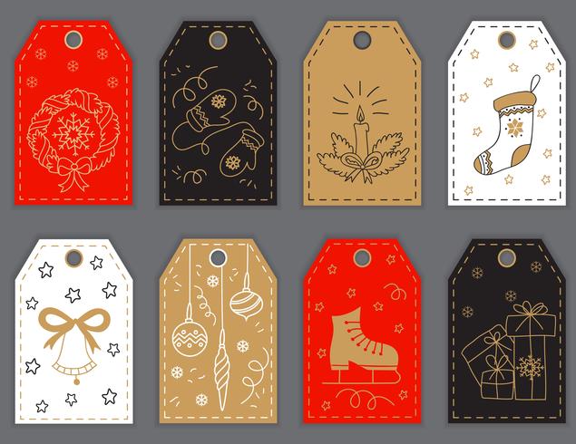 Design de etiquetas de presente de Natal e ano novo com elementos de doodle de mão desenhada. vetor