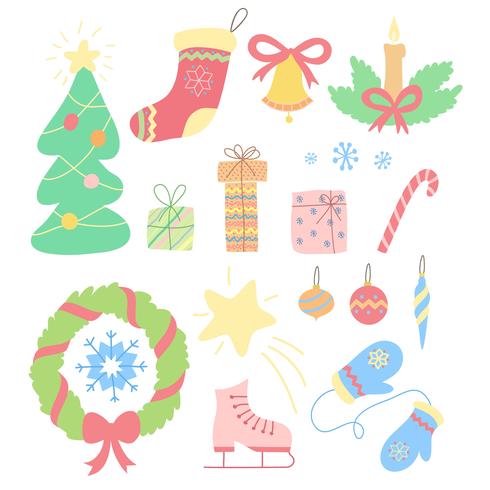 Conjunto de Natal de mão desenhada doodles em estilo simples. Ilustração em vetor colorido