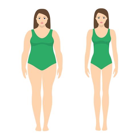 Vector a ilustração de uma mulher antes e depois da perda de peso. Corpo feminino em estilo simples. Conceito bem sucedido de dieta e esporte. Meninas magras e gordas.