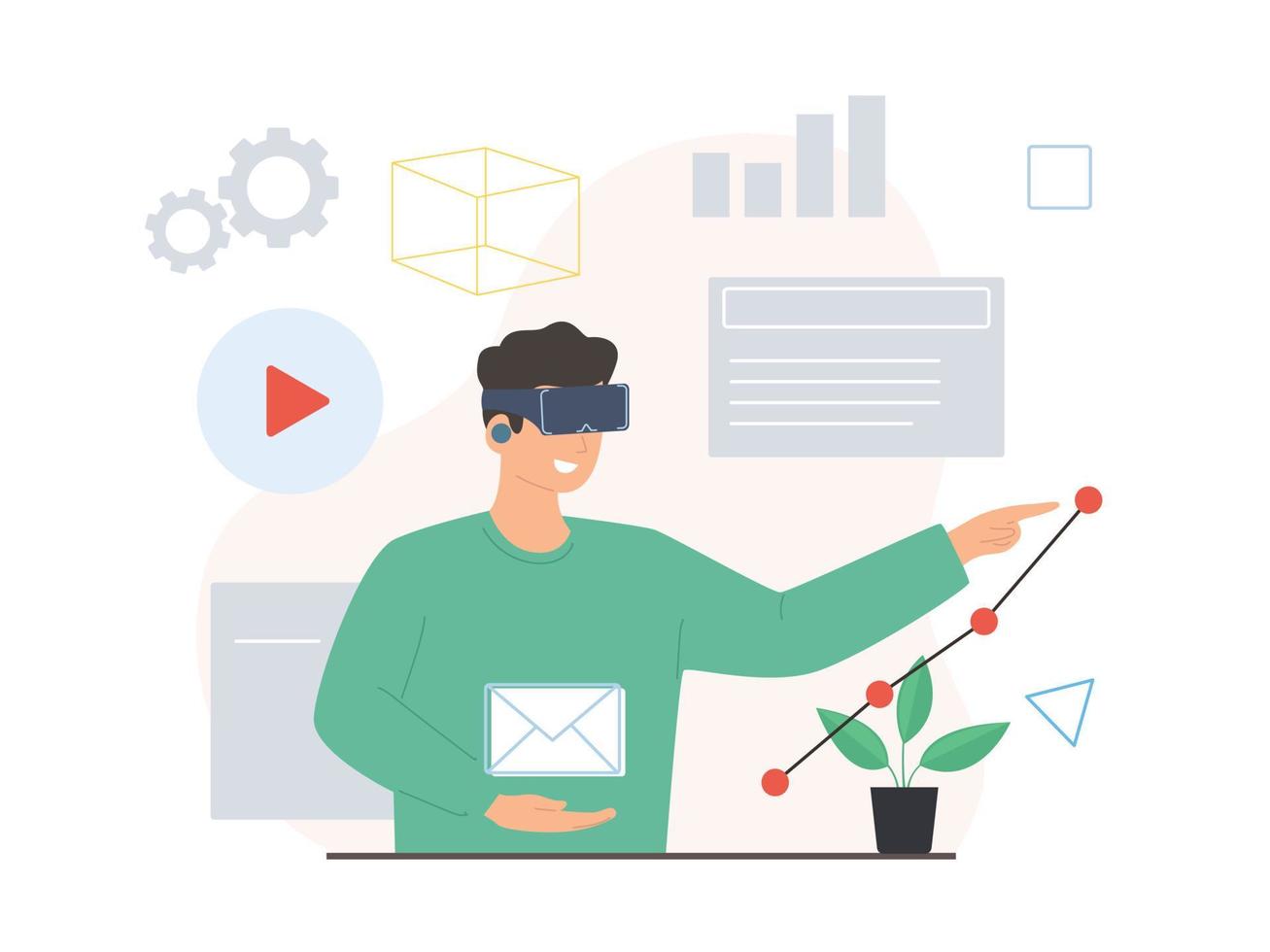 homem usando óculos 3d ou fone de ouvido para trabalhar em um conceito de realidade virtual de aplicativo de negócios vetor
