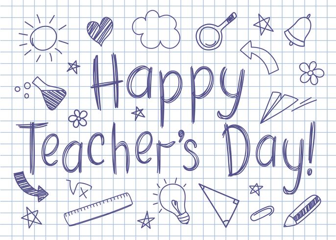 Feliz dia dos professores cartão na folha de caderno quadrada em estilo esboçado com handdrawn escola doodles. vetor