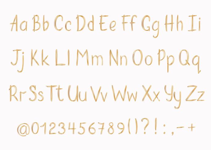 Alfabeto de ouro no estilo esboçado. Vector letras manuscritas lápis, números e sinais de pontuação. Fonte de caligrafia de caneta de ouro.