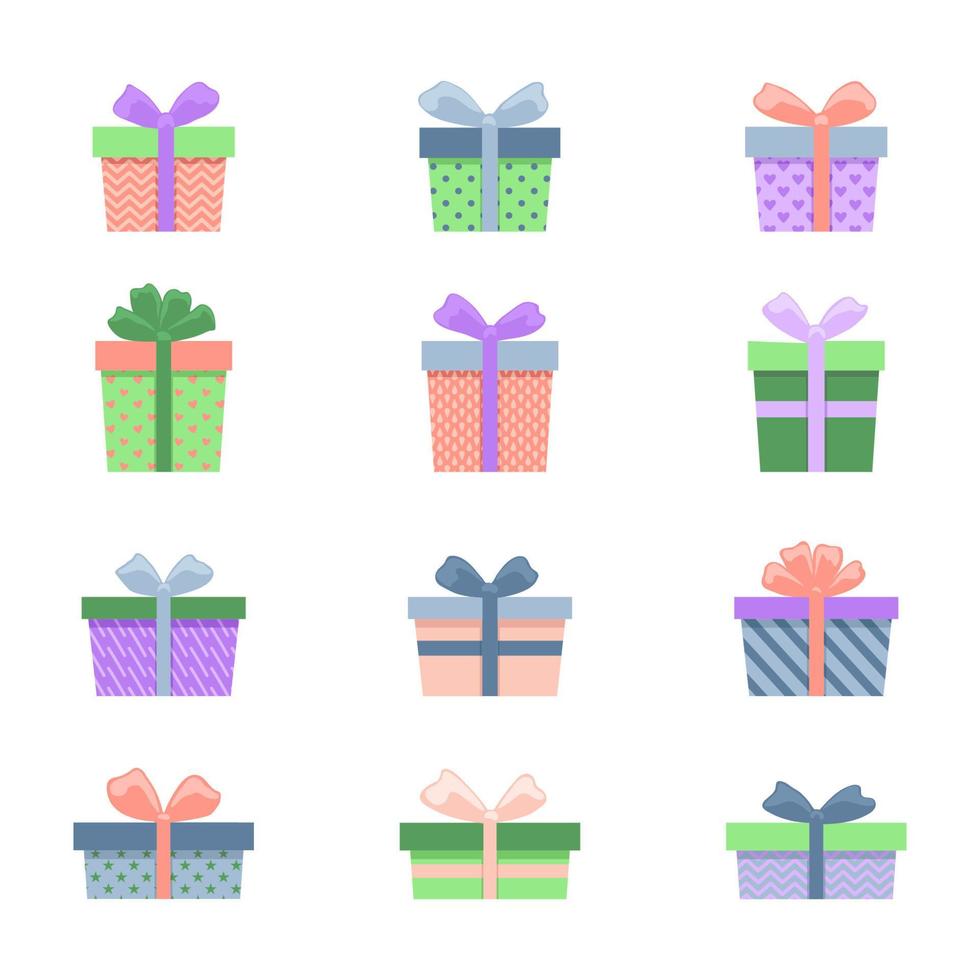 conjunto de caixas de presente coloridas com fita. linda embalagem festiva para aniversário, natal. vetor