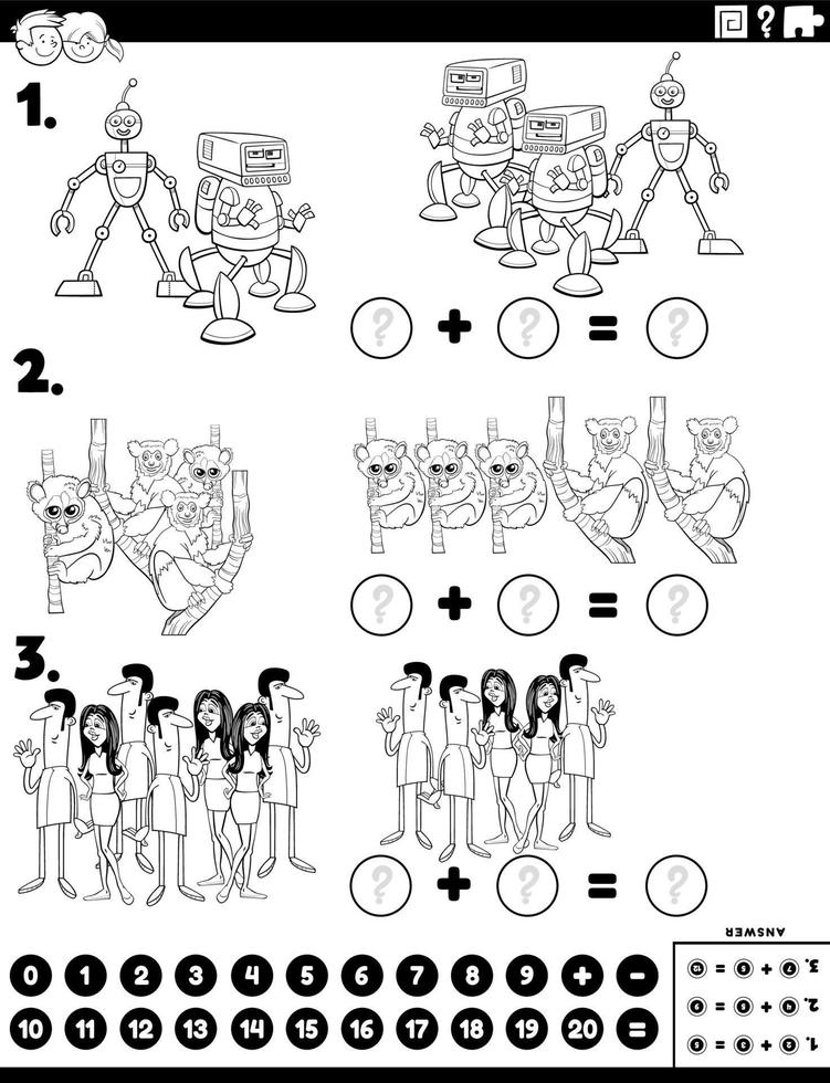 tarefa de adição de matemática com personagens de desenhos animados página  do livro para colorir 6180485 Vetor no Vecteezy