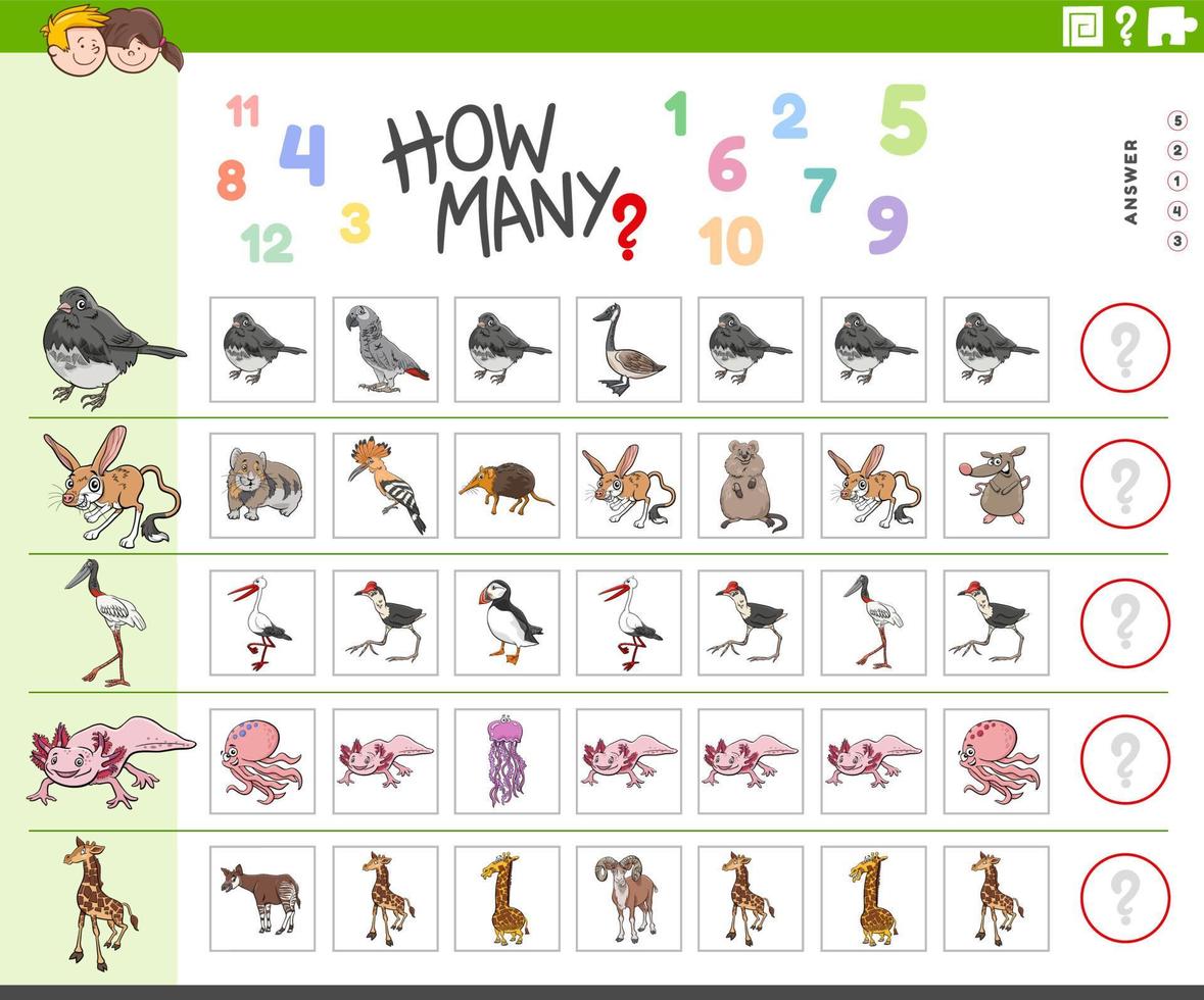 contando tarefa para crianças com personagens de desenhos animados de animais vetor
