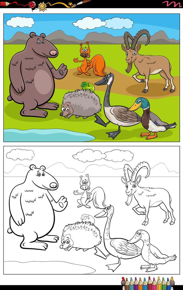 página do livro para colorir do grupo de personagens de animais selvagens dos desenhos animados vetor