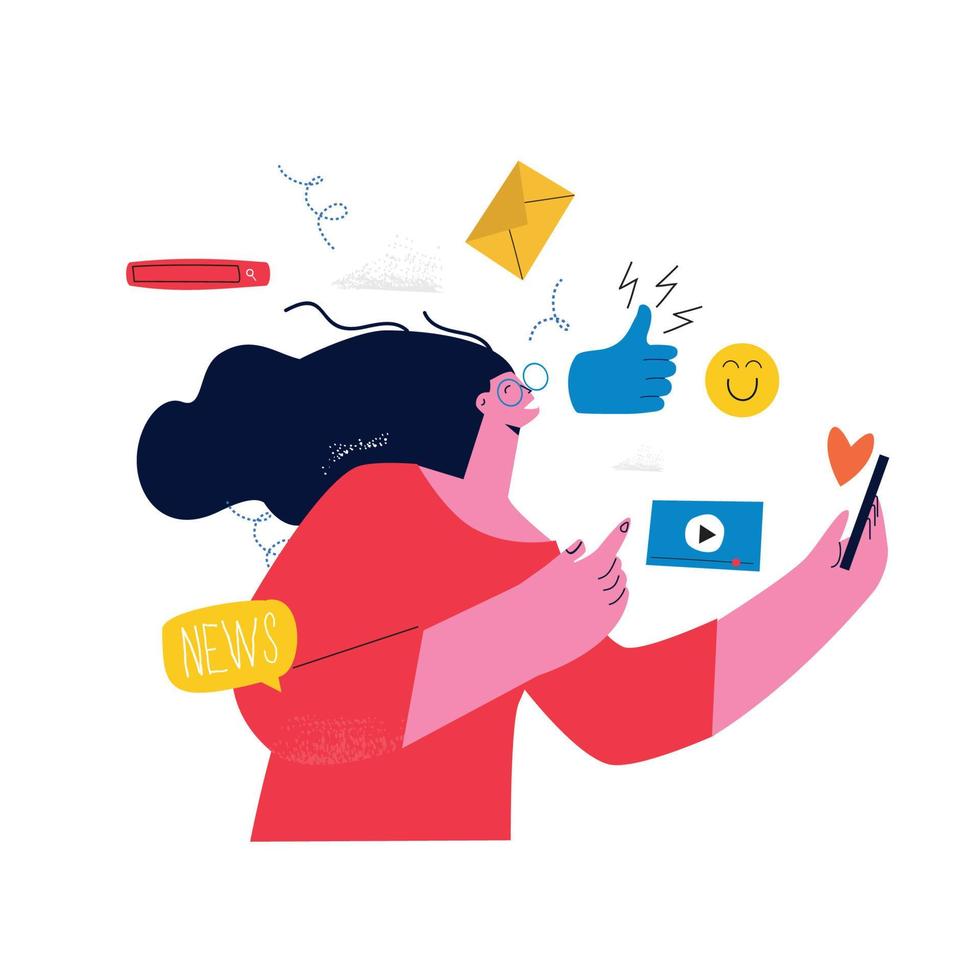 comunicação online, conceito de mídia de internet. mulher usando telefone, influenciador de mídia social, conceito de rede social, ilustração vetorial plana vetor