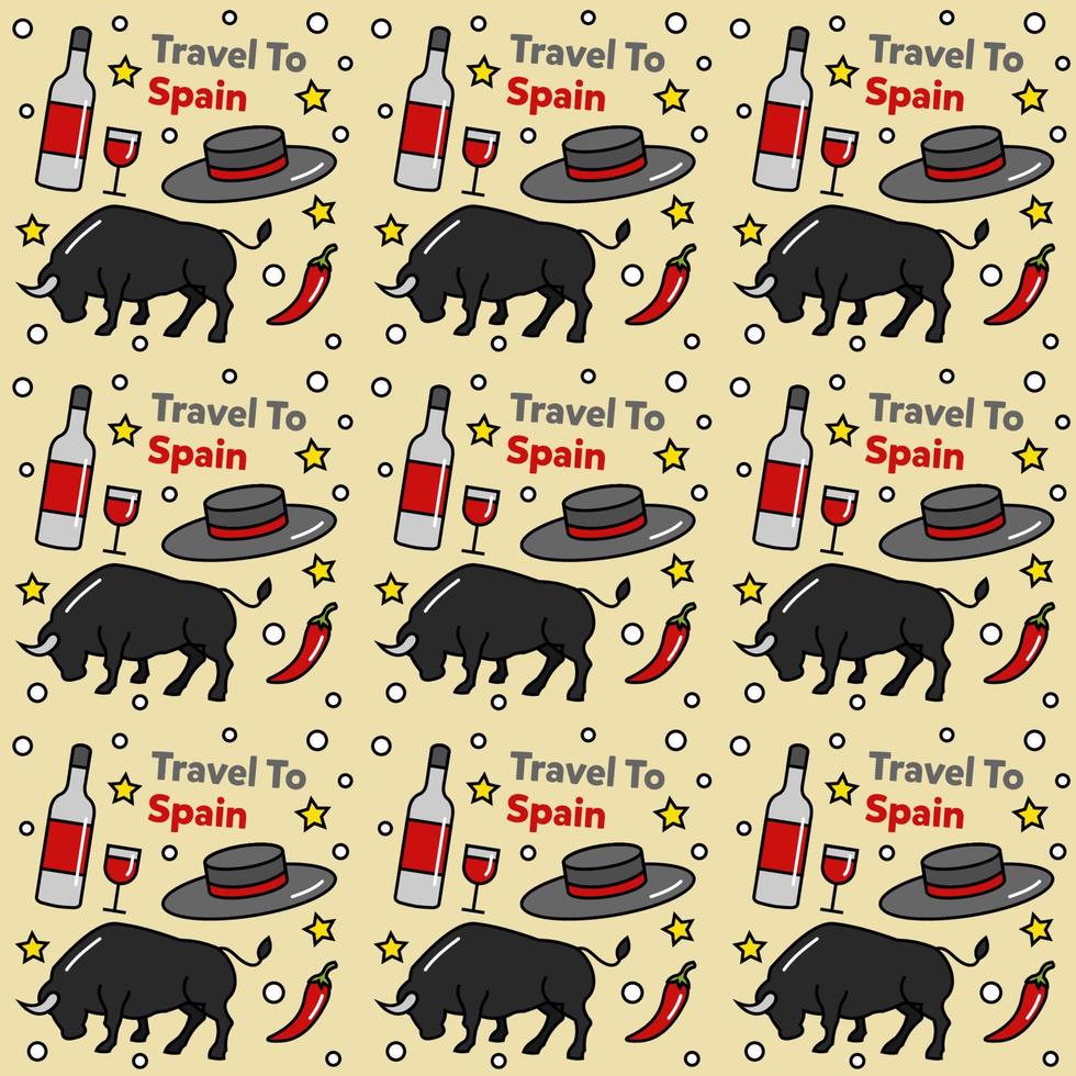 viajar para a espanha doodle design de vetor padrão sem emenda.