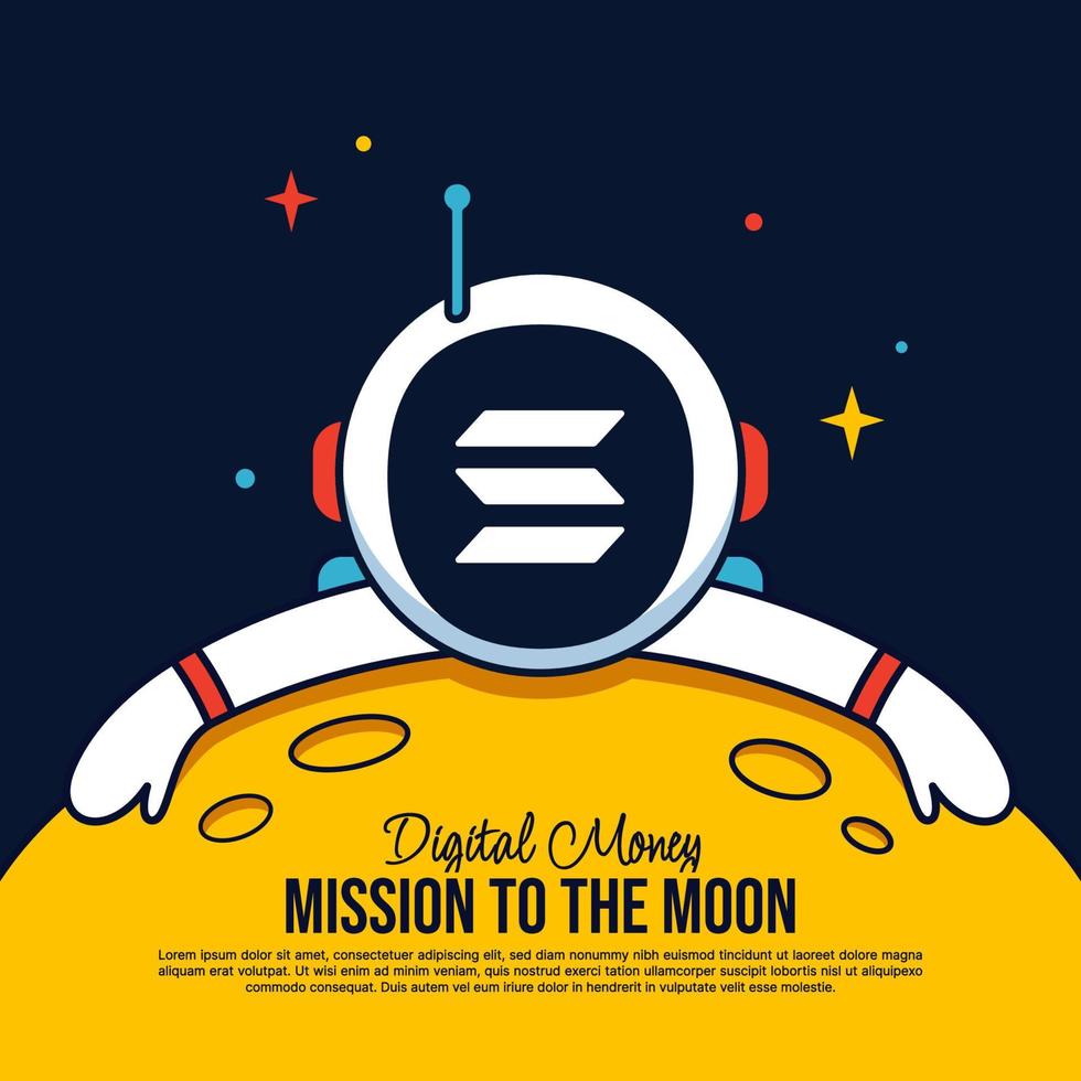 astronauta solana abraçando o fundo dos desenhos animados da lua, missão ao fundo da lua, mineração de criptomoeda e conceito financeiro vetor