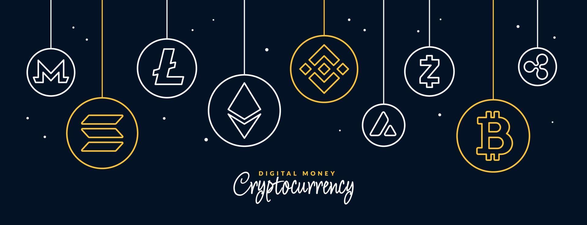 fundo de ícones de moeda criptográfica, troca de dinheiro digital de banner de tecnologia blockchain, mineração de criptomoeda e conceito financeiro vetor