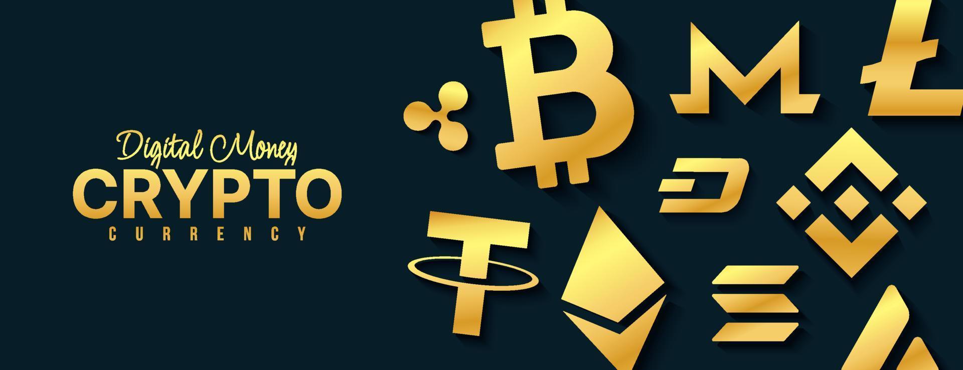 fundo de ícones de moeda criptográfica, troca de dinheiro digital de banner de tecnologia blockchain, mineração de criptomoeda e conceito financeiro vetor