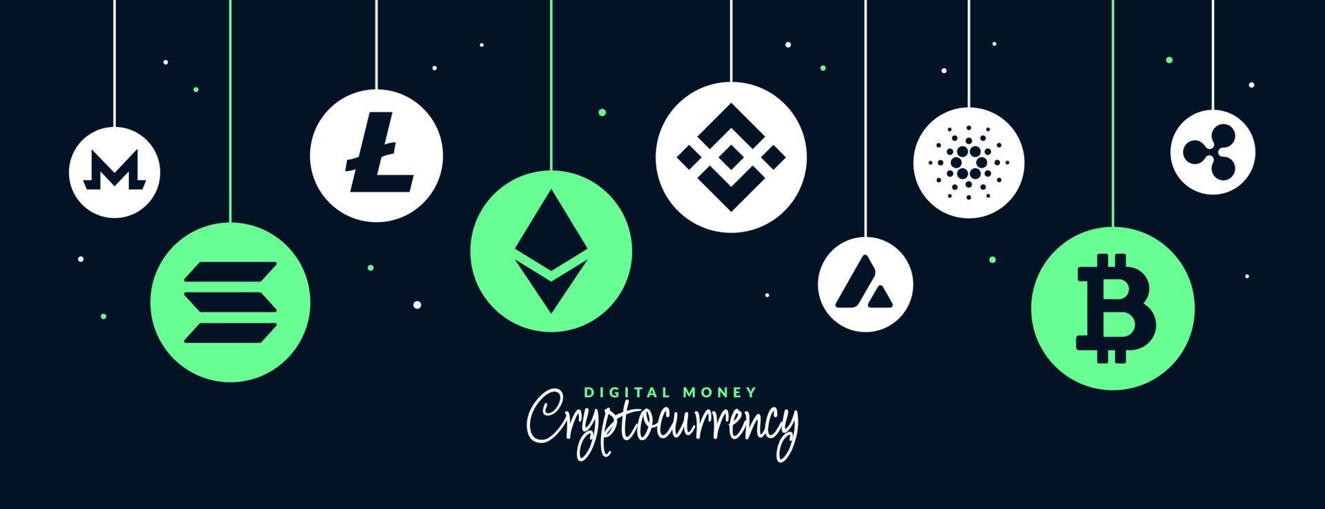 fundo de ícones de moeda criptográfica, troca de dinheiro digital de banner de tecnologia blockchain, mineração de criptomoeda e conceito financeiro vetor