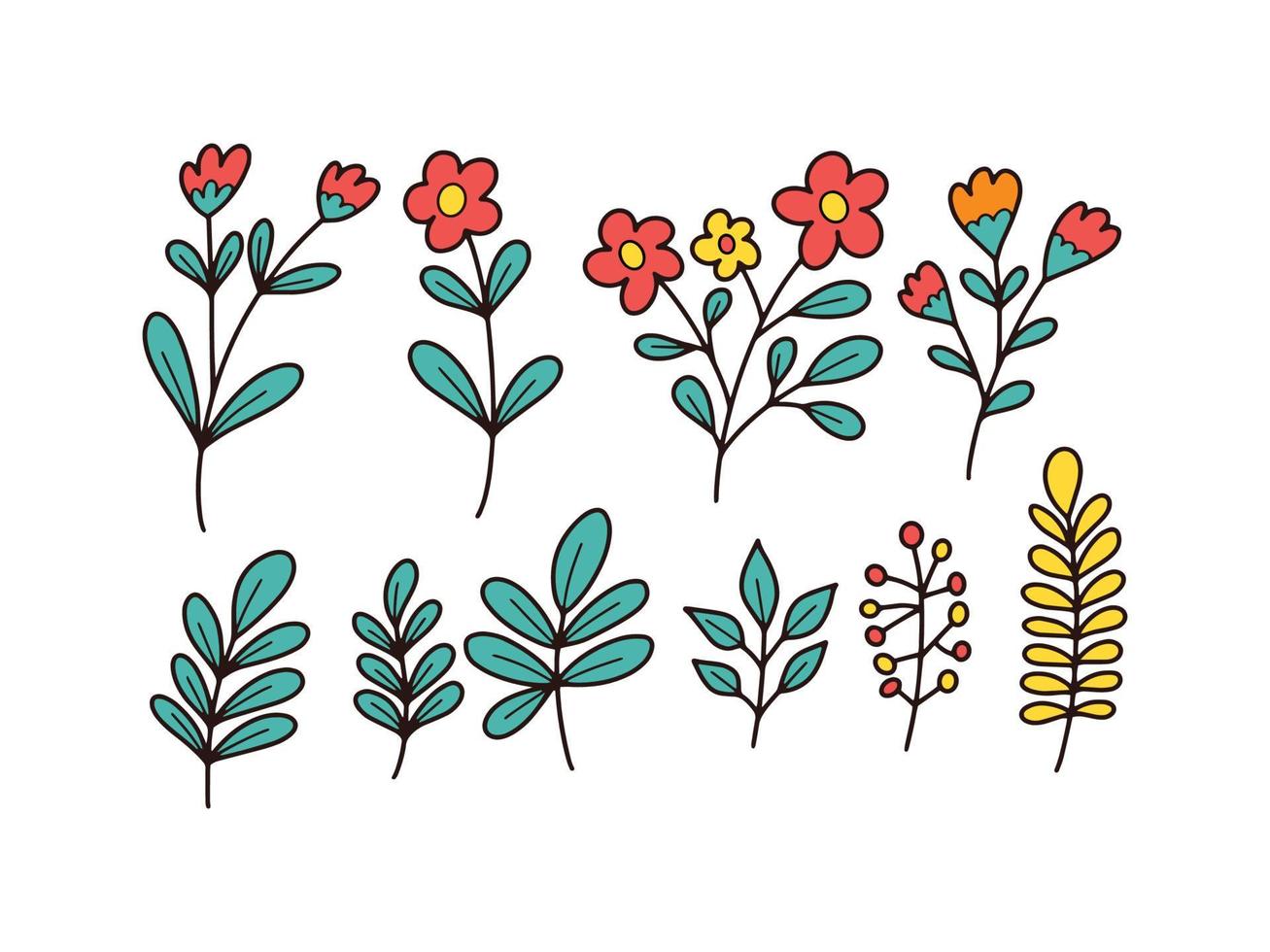 ilustração de doodle colorido de flores silvestres e folhas vetor