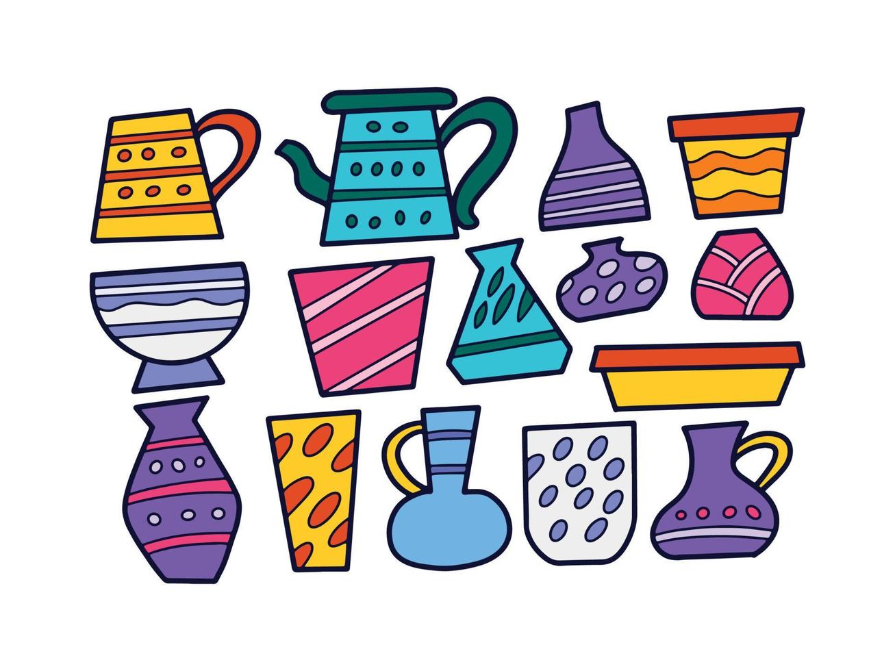 coleção de ilustração de cor de doodle de vaso de cerâmica de barro vetor