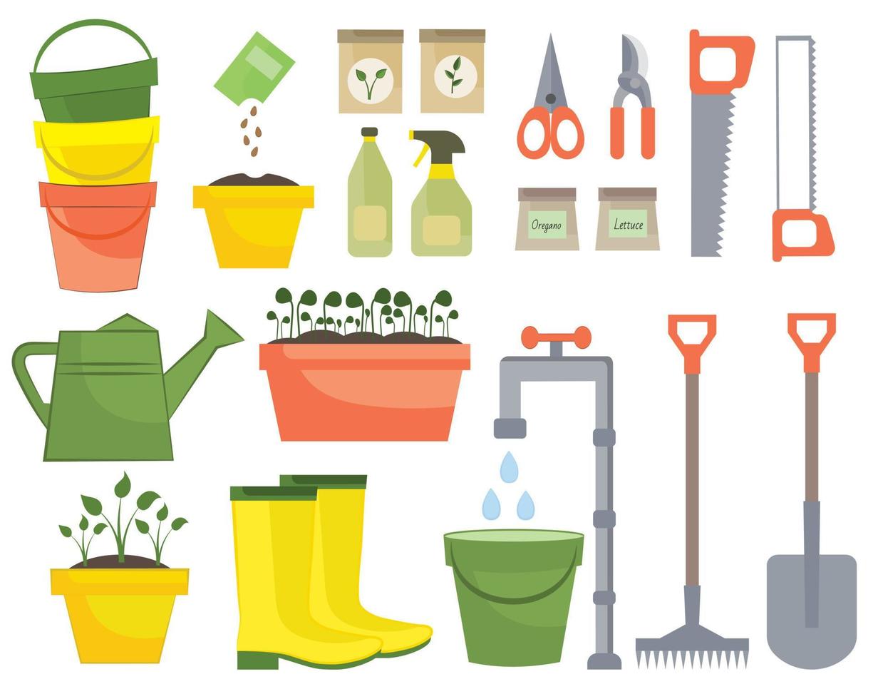 ferramentas de jardim isoladas no fundo branco. ícones de agricultura de primavera. conjunto de elementos de jardinagem em estilo desenhado à mão. vários equipamentos agrícolas e de jardim para agricultura, jardinagem de vetor de ferramentas de jardim.