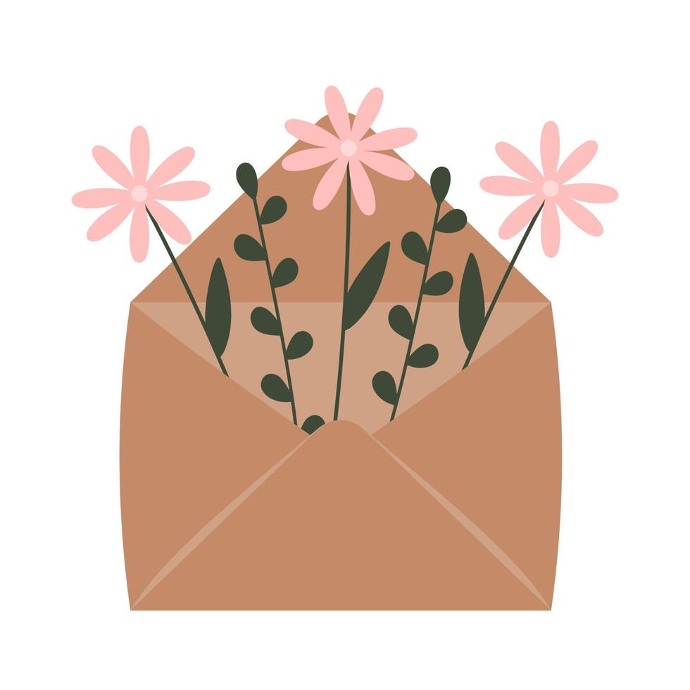 flores desabrochando do jardim selvagem no envelope. ilustração para cartões florísticos, etiquetas de presente, lojas, 8 de março e decoração de páscoa, presentes de casamento e convite. vetor