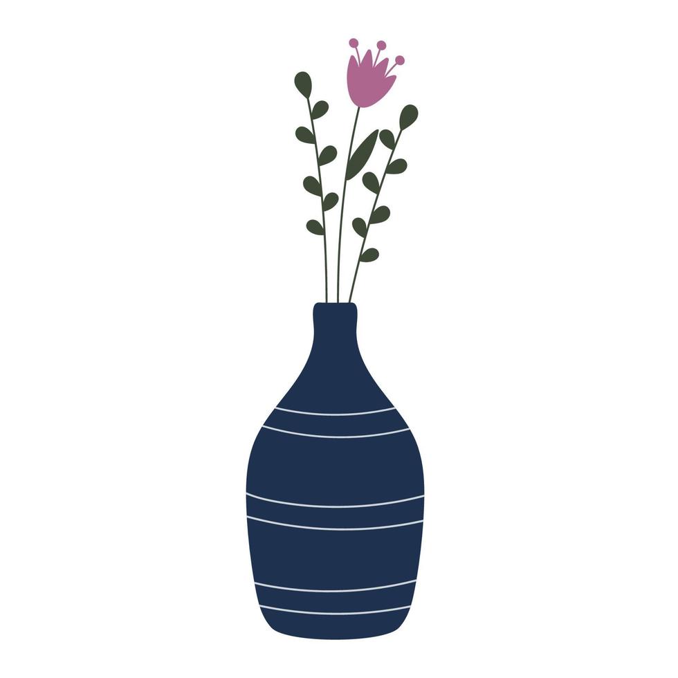flores desabrochando de jardim selvagem em vaso de cerâmica. decoração de casa em estilo escandinavo simples. ilustração botânica. ilustração botânica floral para cartões, convite de capina, logotipo. vetor