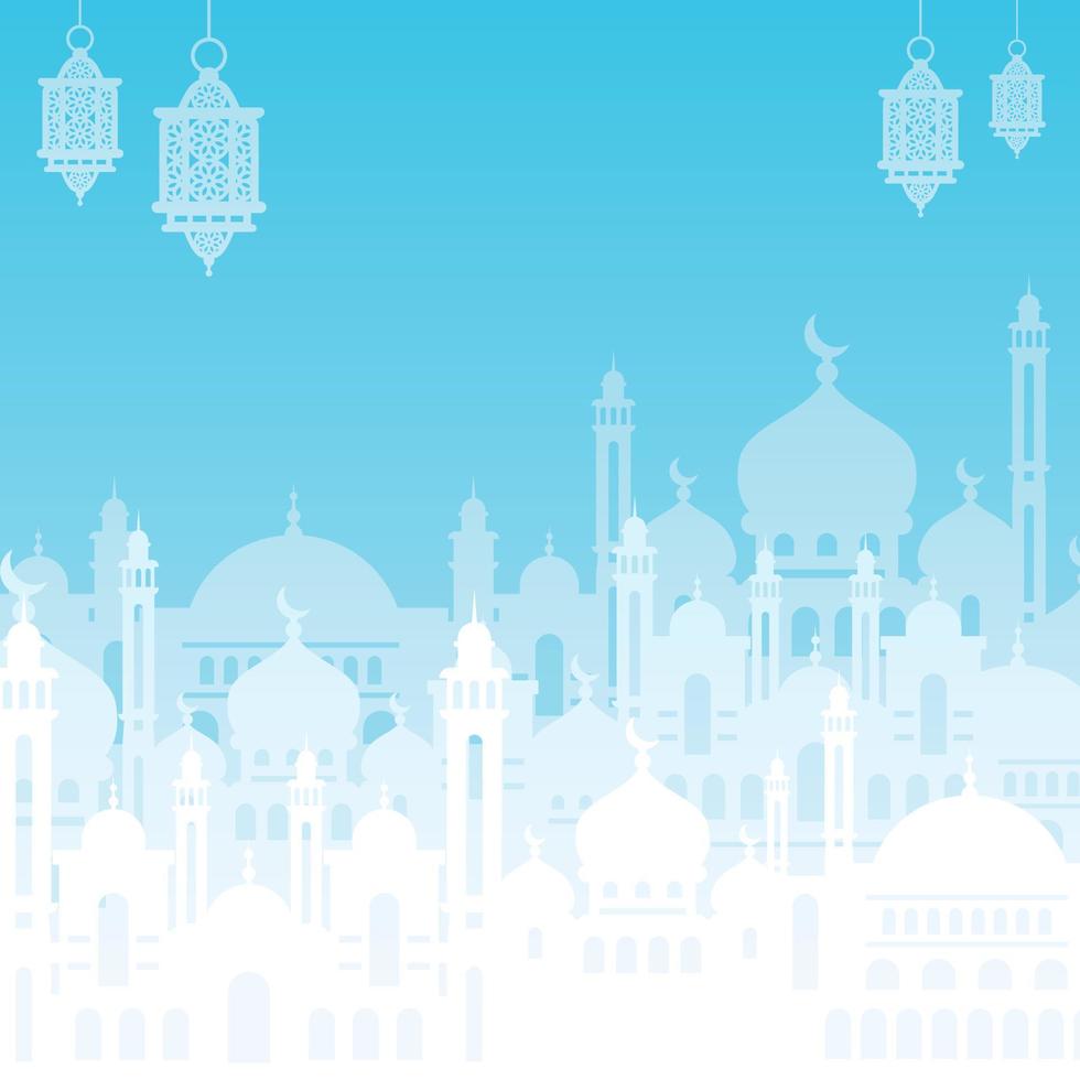 fundo de ramadan kareem com silhueta de mesquita e lanternas penduradas. design de banner de feriado islâmico vetor