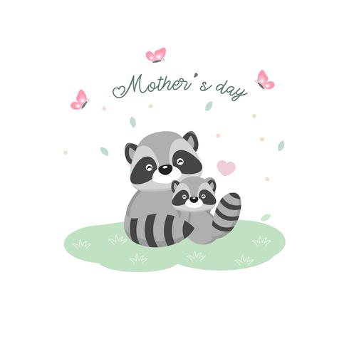 Feliz dia das mães cartão. Guaxinim da mãe que abraça seu bebê. vetor