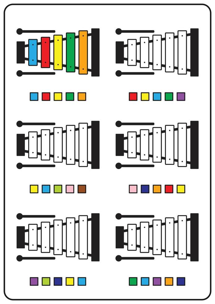 páginas para colorir instrutivas, jogos educativos para crianças, planilhas de atividades pré-escolares para impressão. ilustração vetorial simples dos desenhos animados de objetos coloridos para aprender as cores. glockenspiel para colorir. vetor