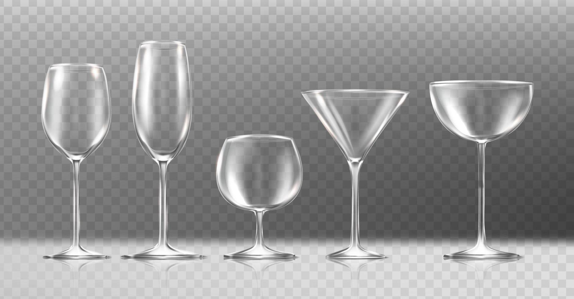 Conjunto de ícones de vetor realista 3D. copos transparentes de vinho, champanhe, conhaque, martini.