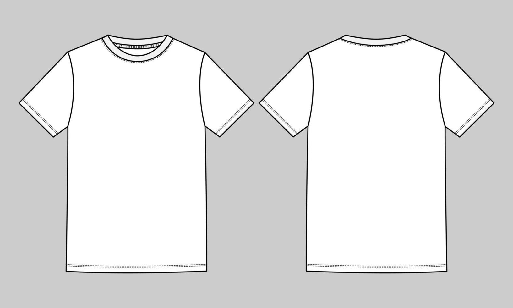 Modelo plano de moda de desenho técnico de t-shirt de manga curta de ajuste regular com decote redondo. ilustração vetorial design de vestuário básico frente e vista traseira. edição fácil e personalizável. vetor