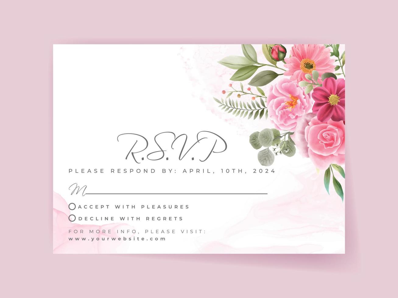 cartão de convite de casamento com design de lindas flores cor de rosa vetor