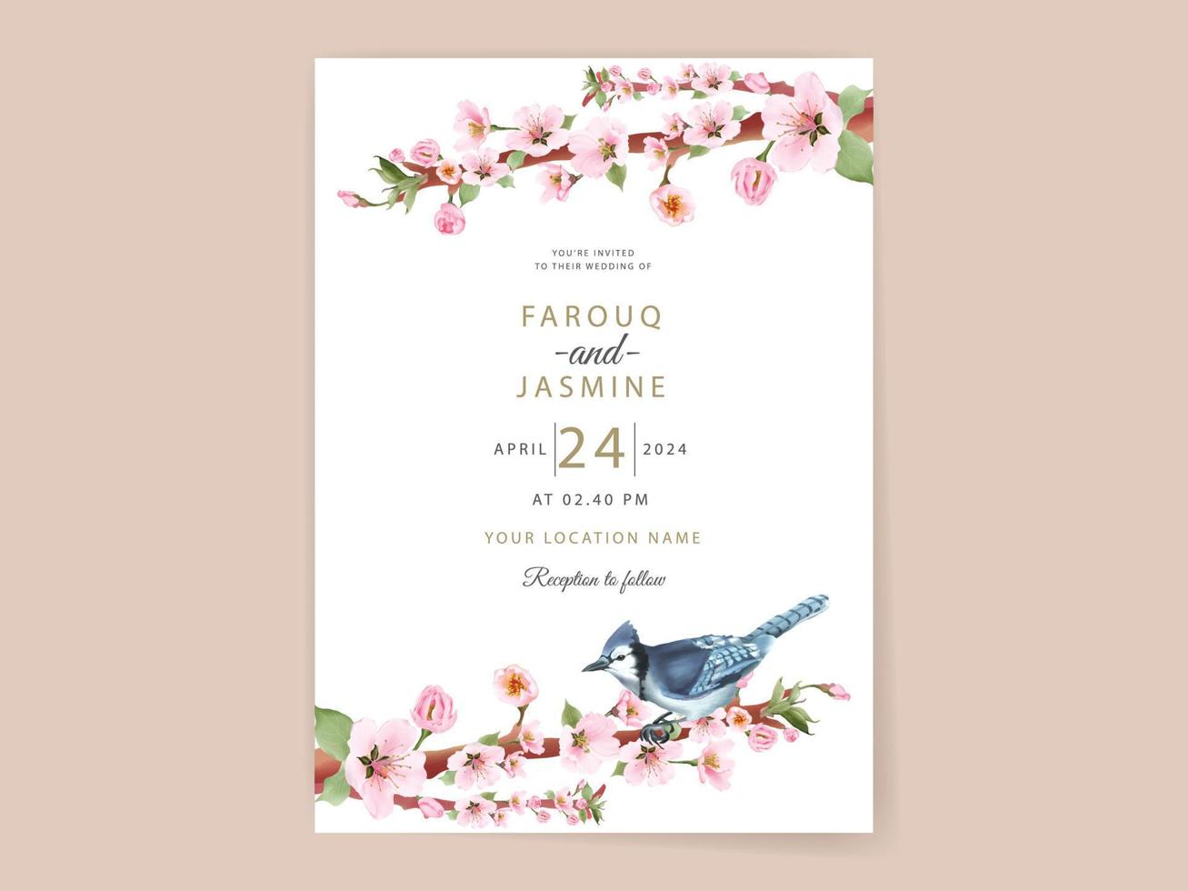 cartão de convite de casamento de flor de cerejeira desenho de mão elegante vetor