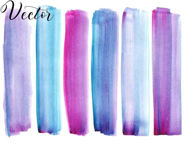 Conjunto de mancha de aquarela. Pontos em um fundo branco. Textura de aquarela com pinceladas. Listras, gradiente. Azul, rosa, turquesa, roxo. Isolado. Vetor. vetor