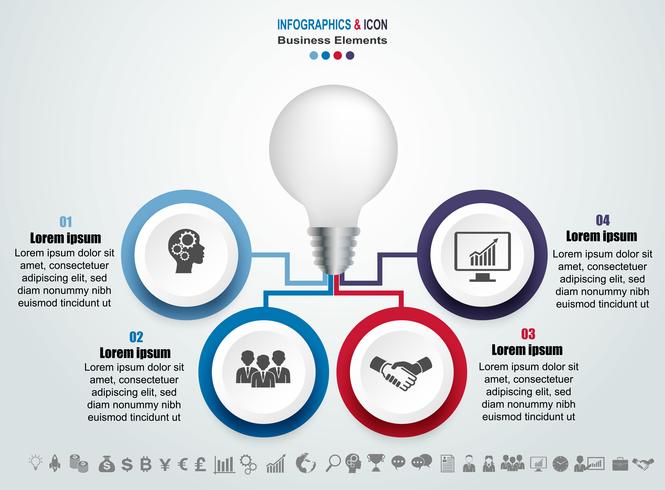 Processo de cronograma de negócios infográfico e modelo de ícones. Design com lâmpada, idae marketing pode ser usado para layout de fluxo de trabalho, relatório,. Conceito de negócio com 4 opções, etapas ou processos. Vetor. vetor