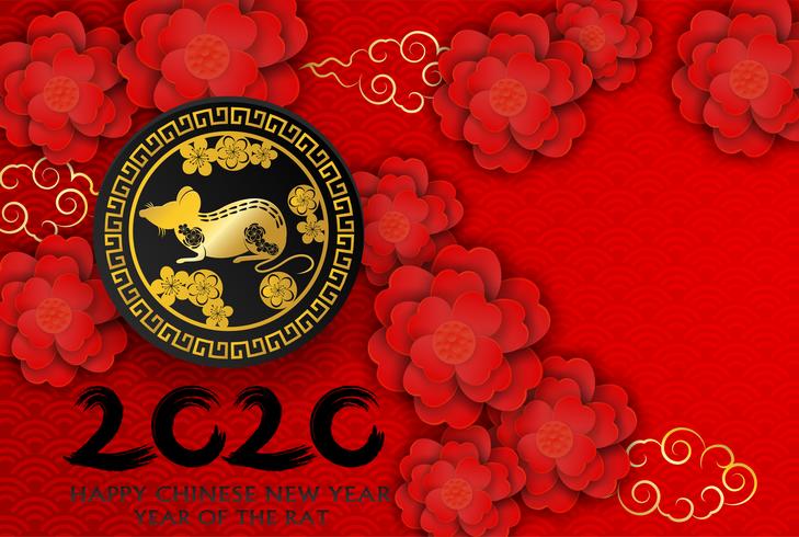2020 feliz ano novo chinês. Projete com flores e rato no fundo vermelho. estilo de arte em papel. ano feliz rato. Vetor. vetor