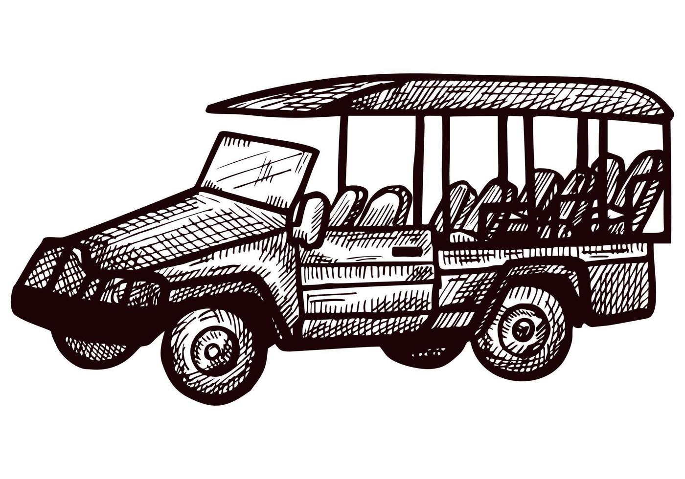 esboço de ônibus safári isolado. aventura vintage off road carro em estilo desenhado à mão. vetor