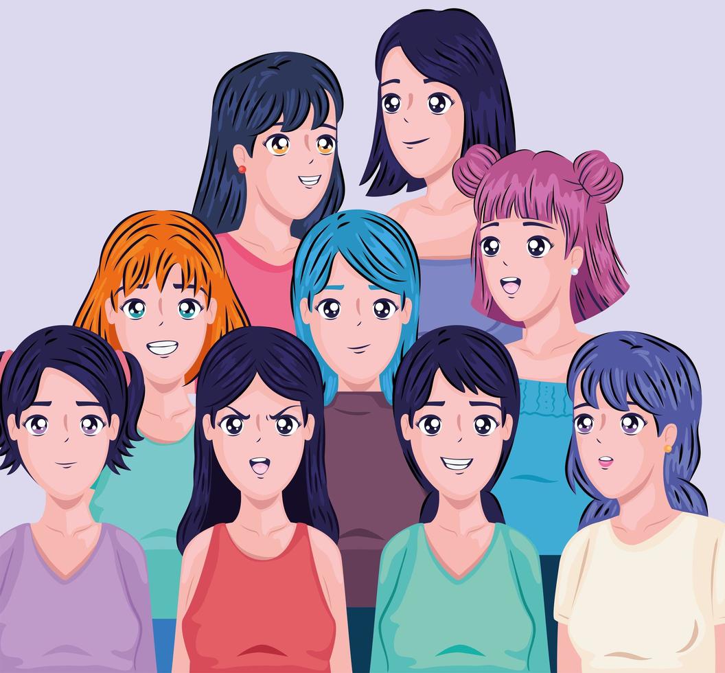 mulheres de anime em poses diferentes vetor