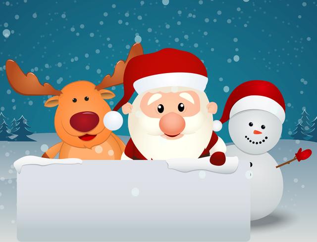 Papai Noel com rena e boneco de neve vetor