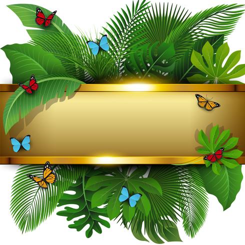 Banner dourado com espaço de texto de folhas tropicais e borboletas. Apropriado para o conceito de natureza, férias e férias de verão. Ilustração vetorial vetor