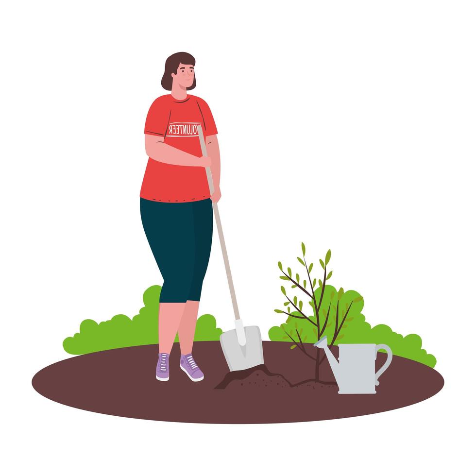 mulher voluntária com regador de pá e desenho vetorial de plantas vetor