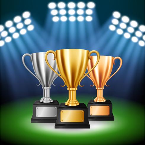 Campeonato personalizado com 3 troféus com holofotes iluminados, ilustração vetorial vetor