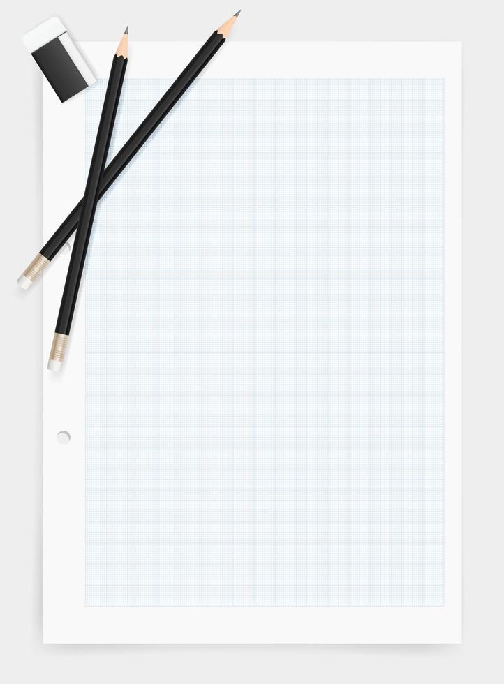 lápis e borracha no fundo de papel de desenho com área para criação e design. vetor. vetor
