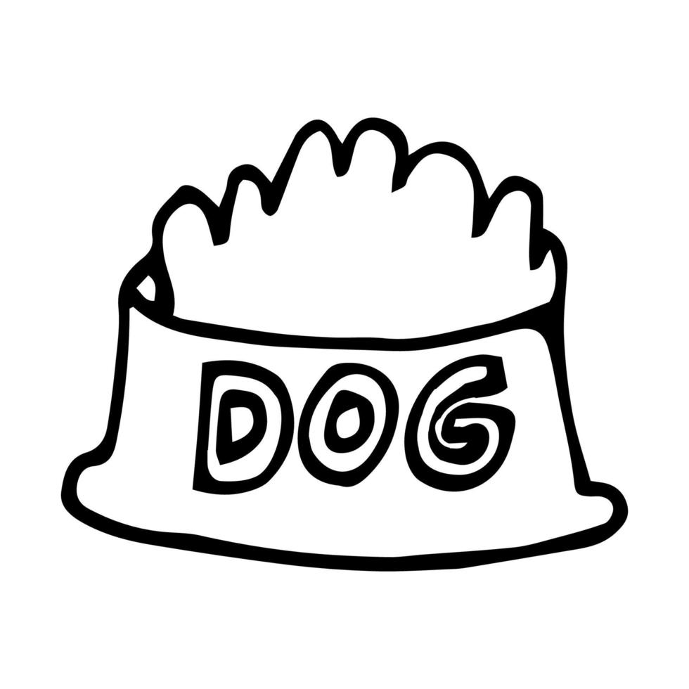 comida de cachorro linear doodle dos desenhos animados na tigela isolada no fundo branco. vetor