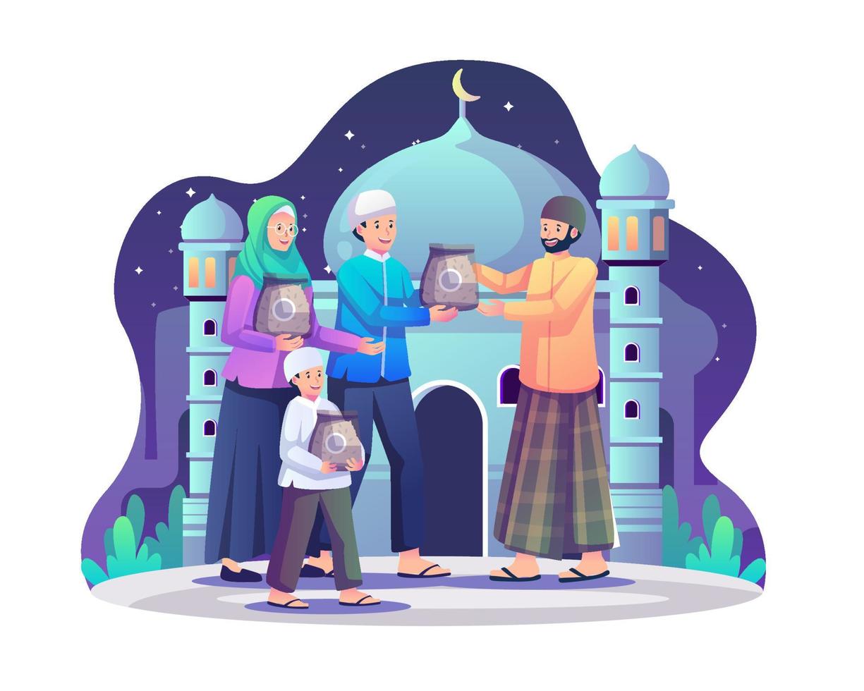 a família dá caridade zakat, uma importante obrigação islâmica de doação e caridade no mês sagrado ramadan kareem. ilustração vetorial de estilo simples vetor