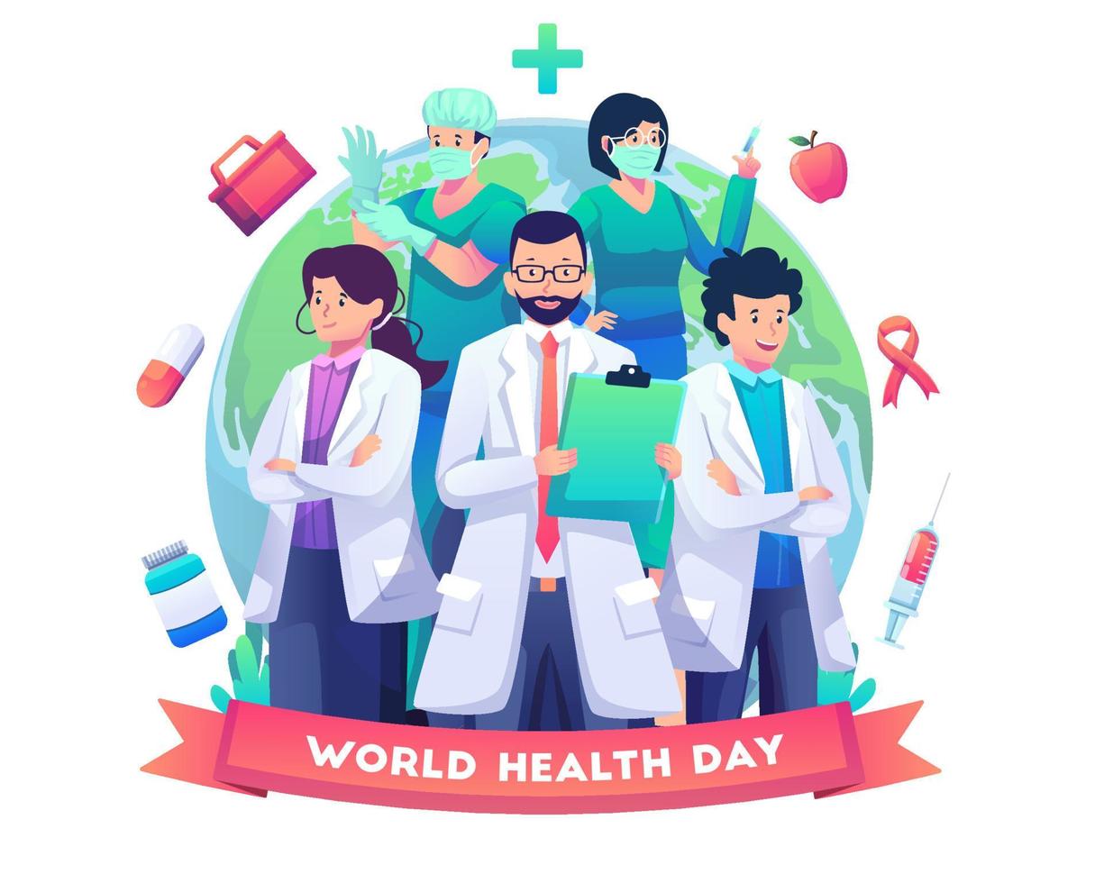 um grupo de médicos e enfermeiros em frente ao globo terrestre comemorando o dia mundial da saúde. ilustração vetorial de estilo simples vetor