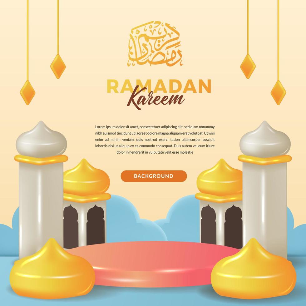 convite de cartão ramadan kareem com cúpula de mesquita fofa 3d com palco de exibição de produto de pódio de cilindro com caligrafia árabe vetor