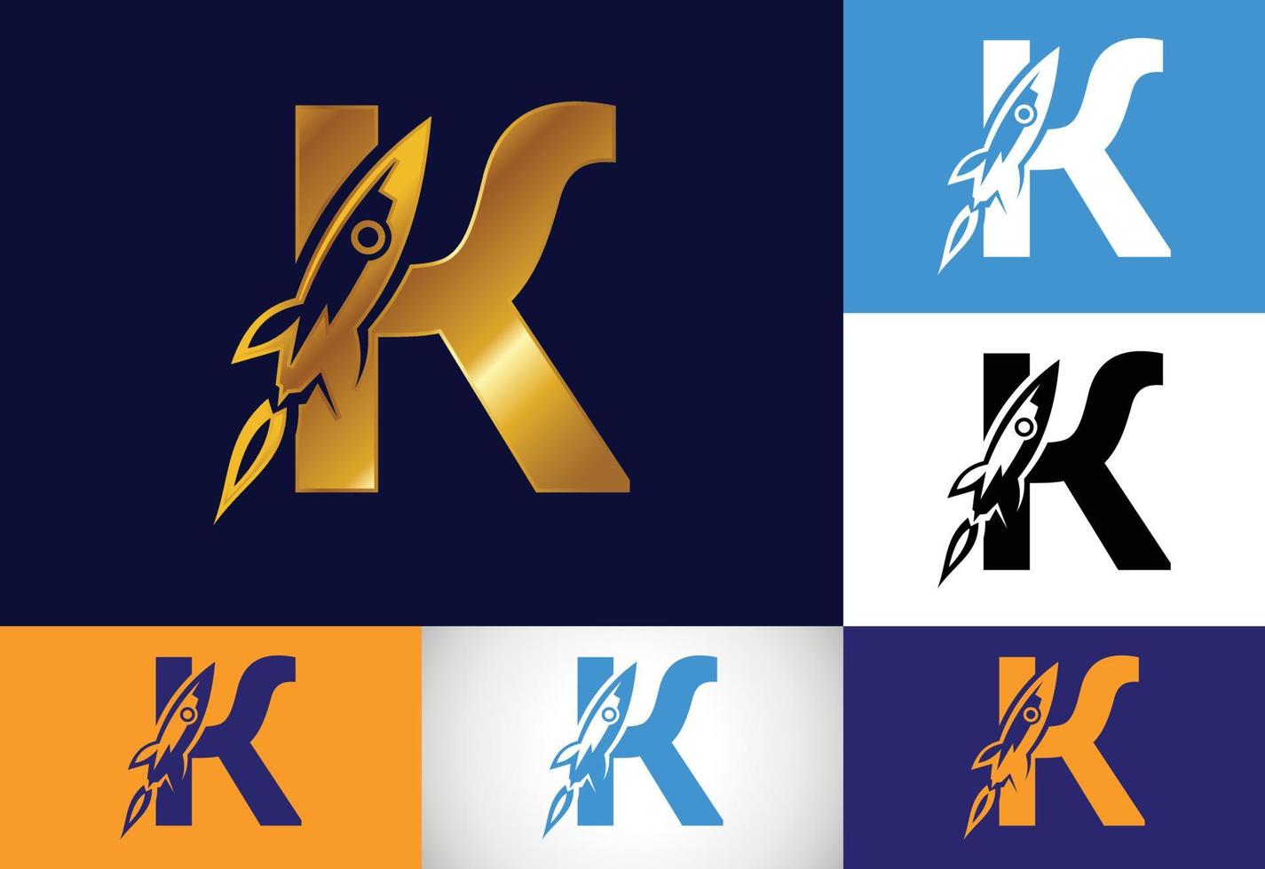 alfabeto inicial da letra do monograma k com um design de logotipo de foguete. ícone de foguete. emblema da fonte. logotipo de vetor moderno para identidade de negócios e empresa.
