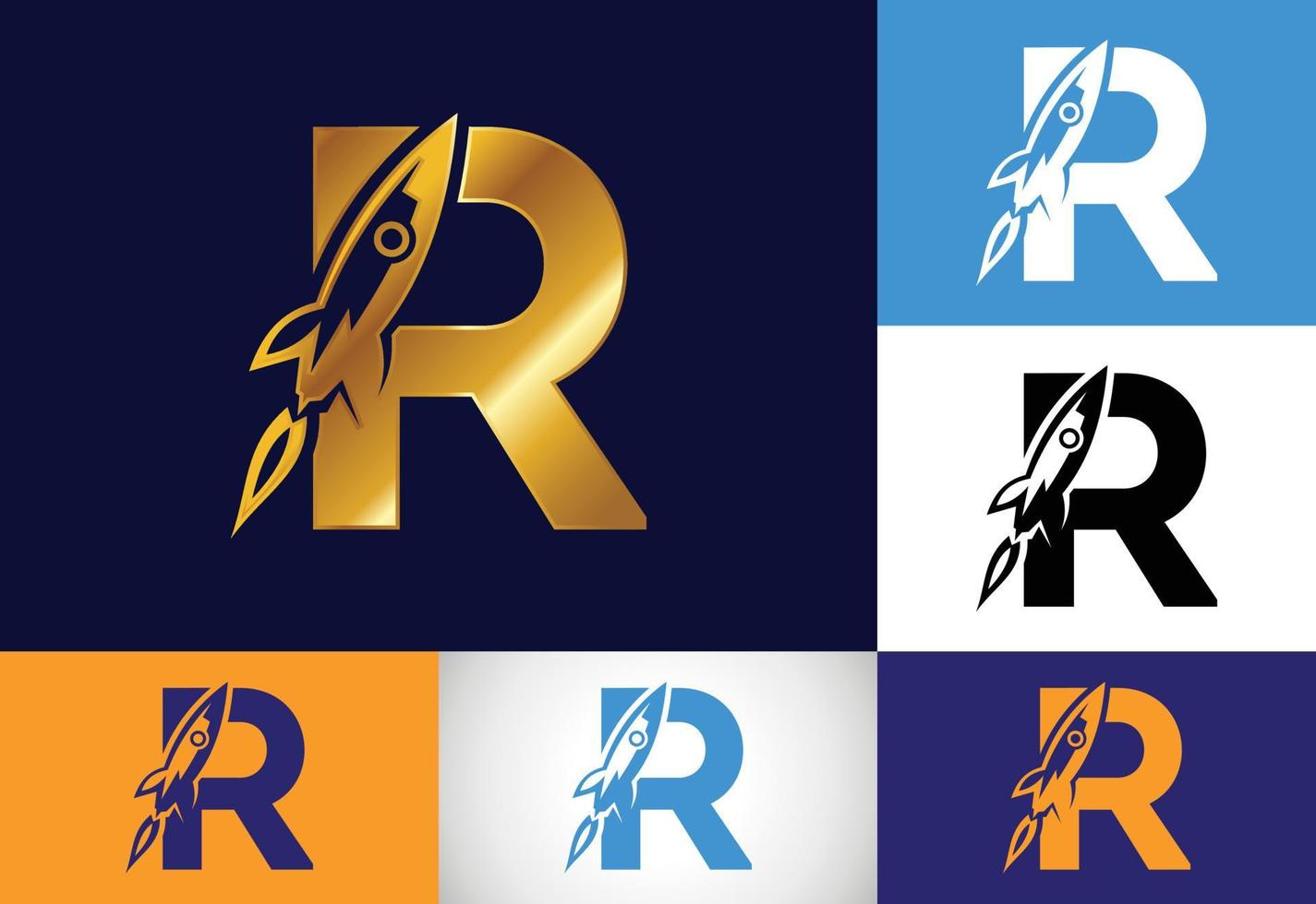 alfabeto inicial da letra do monograma r com um design de logotipo de foguete. ícone de foguete. emblema da fonte. logotipo de vetor moderno para identidade de negócios e empresa.