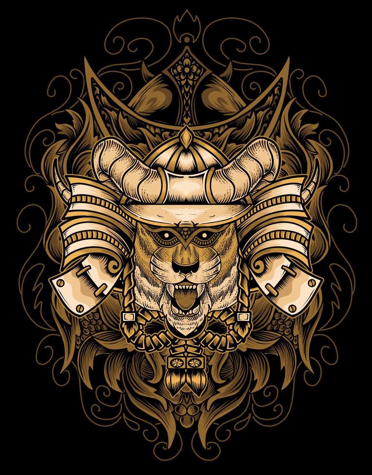 cabeça de samurai de tigre de ilustração com ornamento de gravura vetor