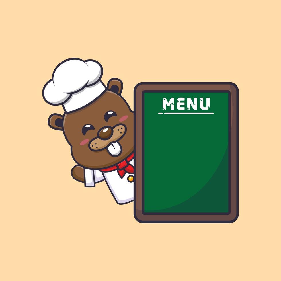 personagem de desenho animado de mascote de chef de castor bonito com placa de menu vetor