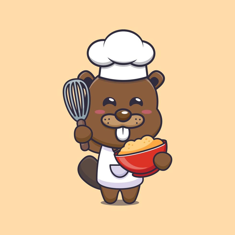 personagem de desenho animado de mascote de chef castor bonito com massa de bolo vetor